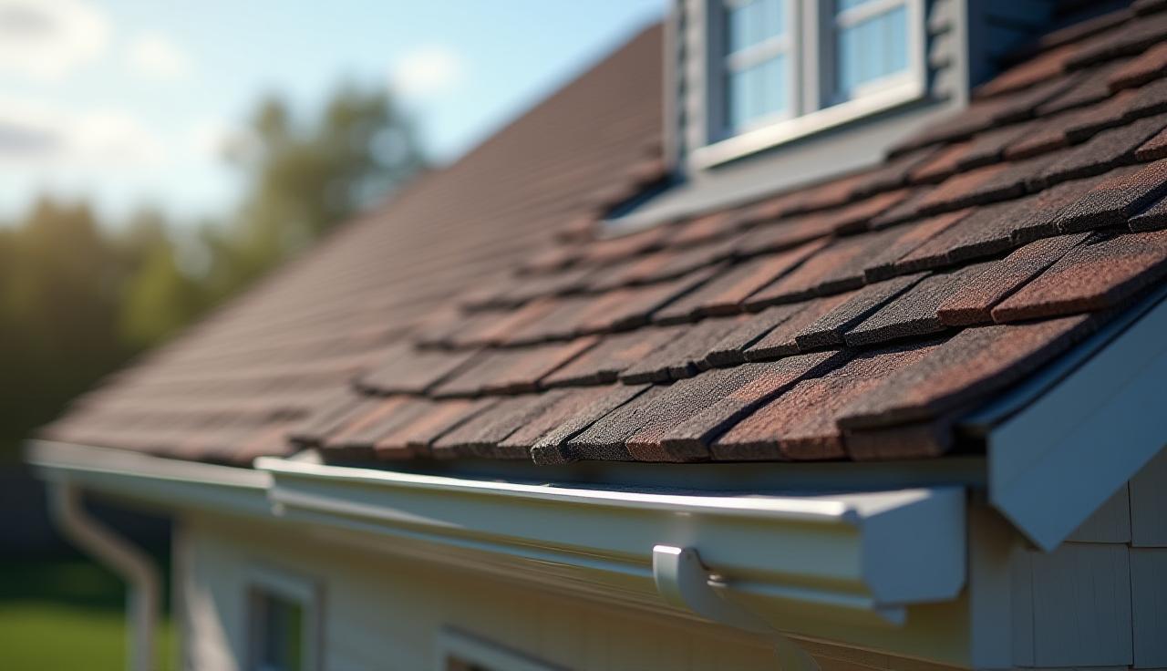 Close-up of durable shingle roofing on a commercial building.