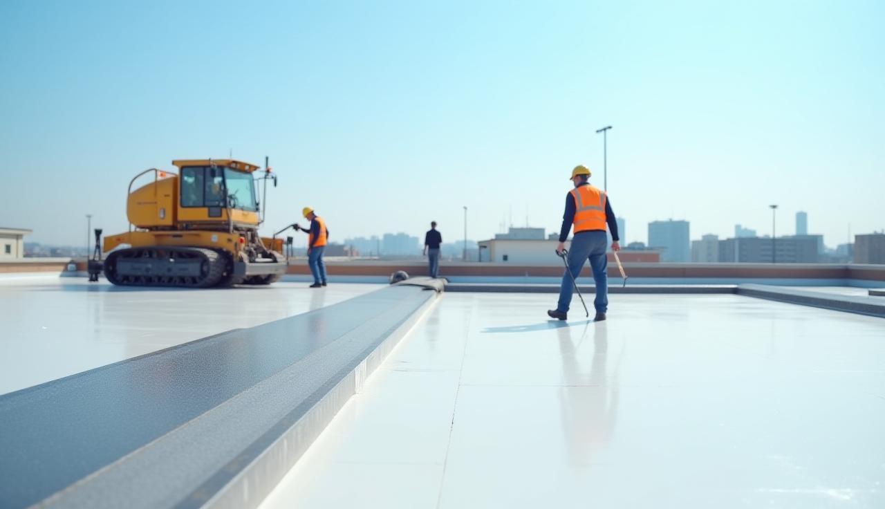 Installation of a flat commercial roof with specialized equipment.