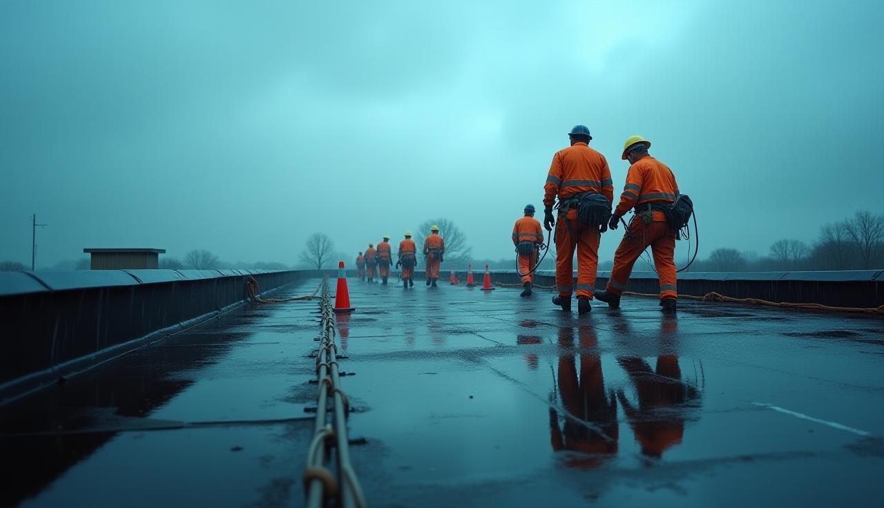 Emergency roof repair in progress during inclement weather.