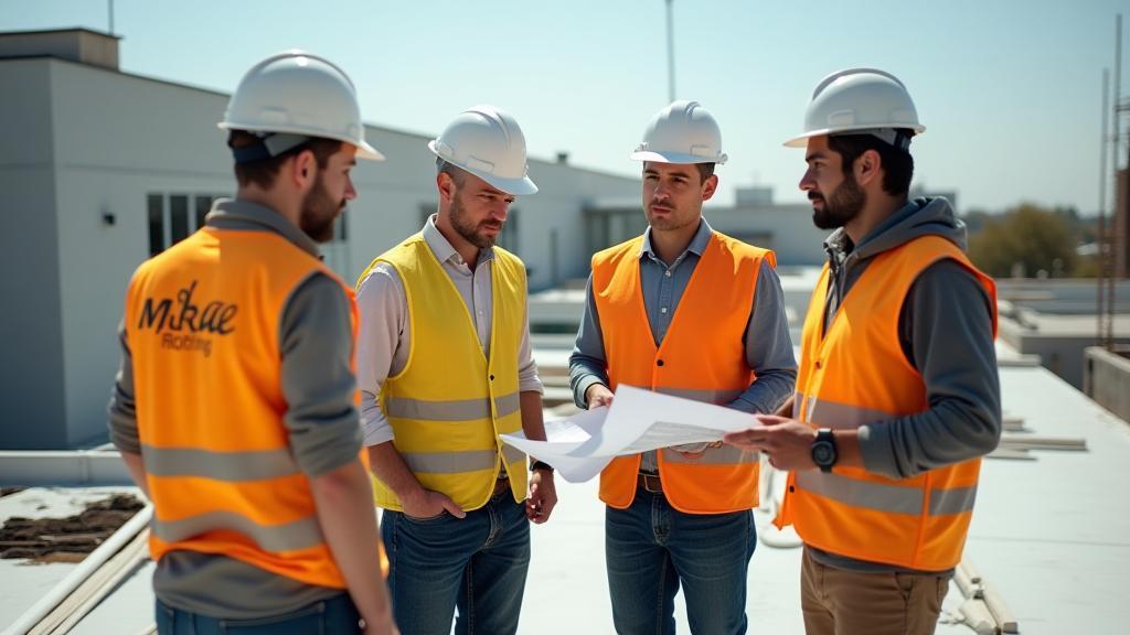 McRae Roofing team members professionally standing on a commercial job site, emphasizing teamwork and expertise.