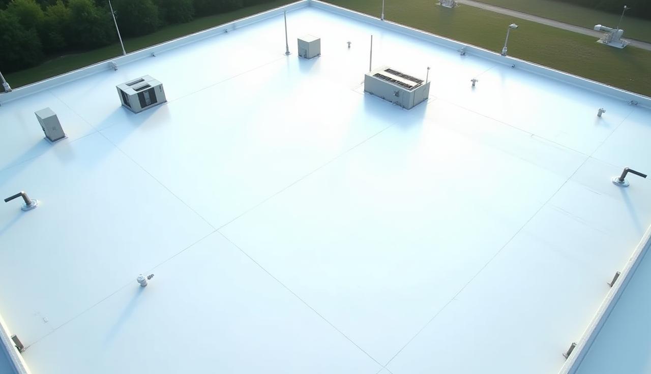 Aerial view of a large low-slope commercial roof.