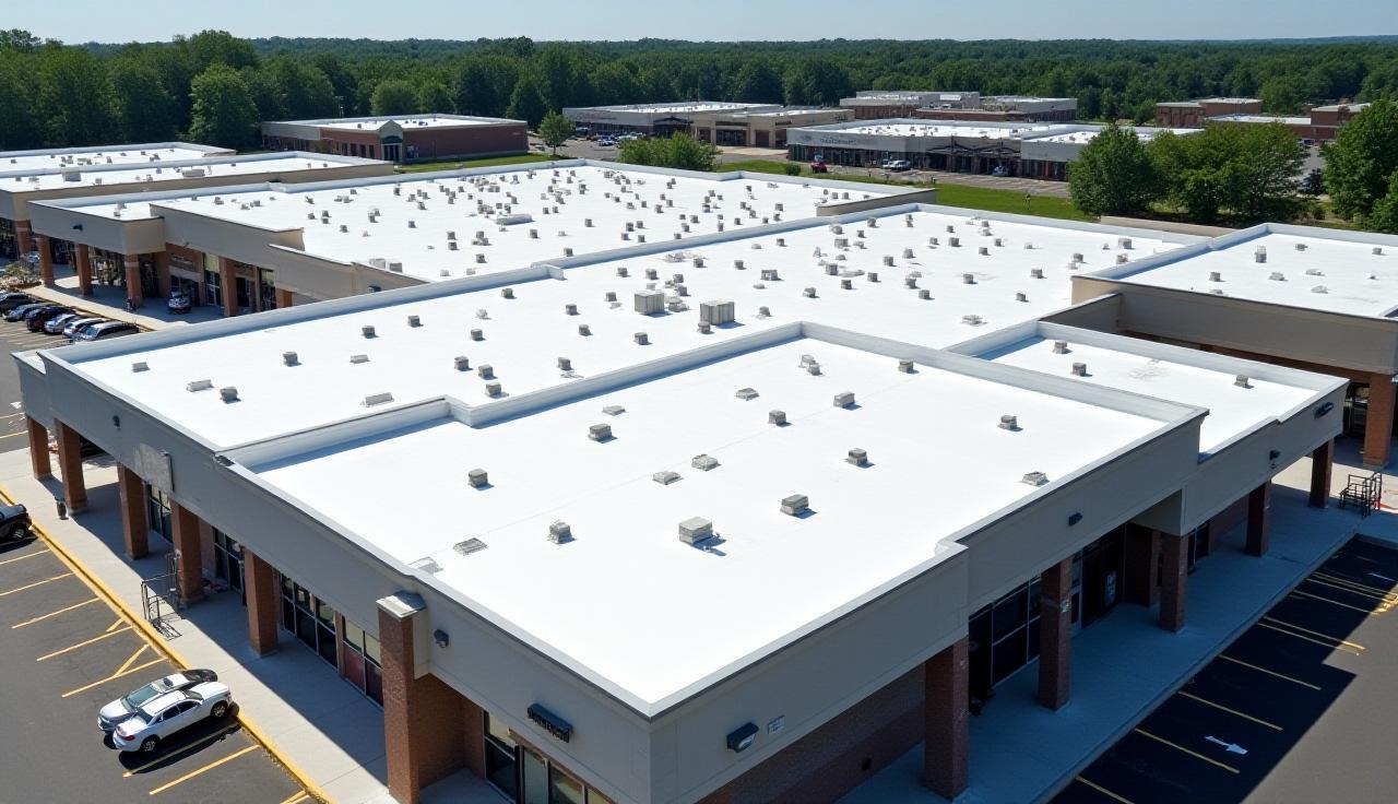 Newly completed low-slope roof on a bustling retail center, showcasing precision installation.