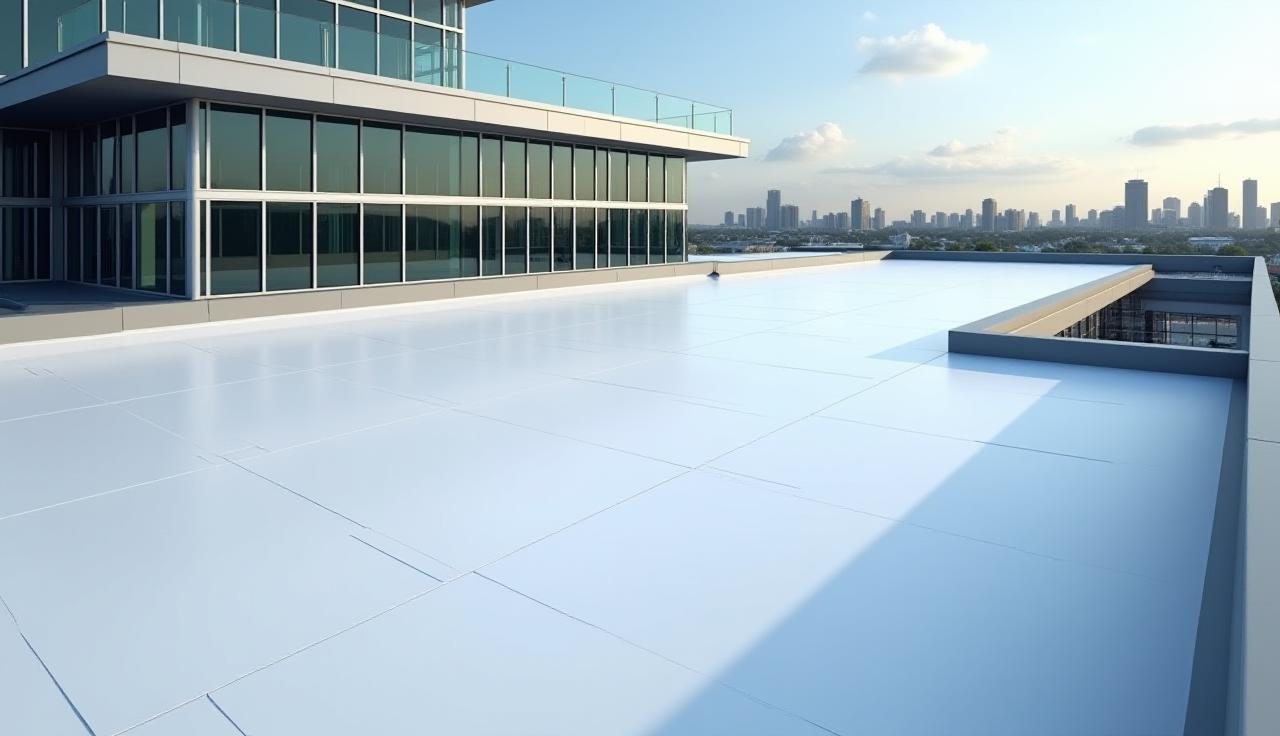 Flat roof renovation on a corporate office building, showing meticulous detail and clean finish.