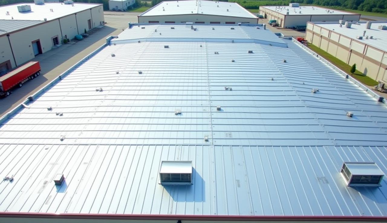 Large-scale metal roof installation on an industrial facility, highlighting robustness and efficiency.
