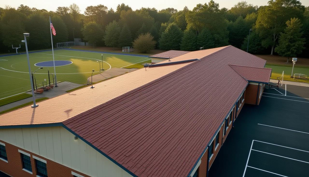 Durable shingle roof on a school gymnasium, emphasizing safety and longevity for community buildings.