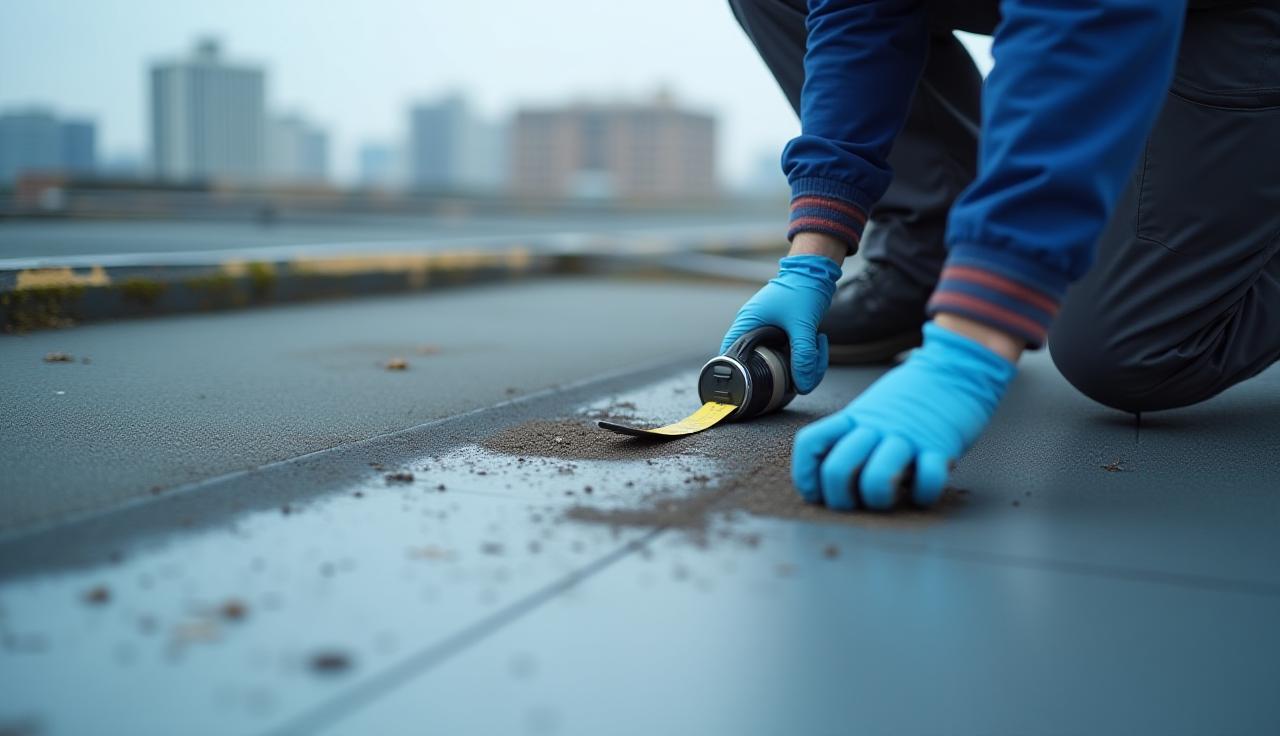 Close-up of a commercial roof being inspected by a technician.